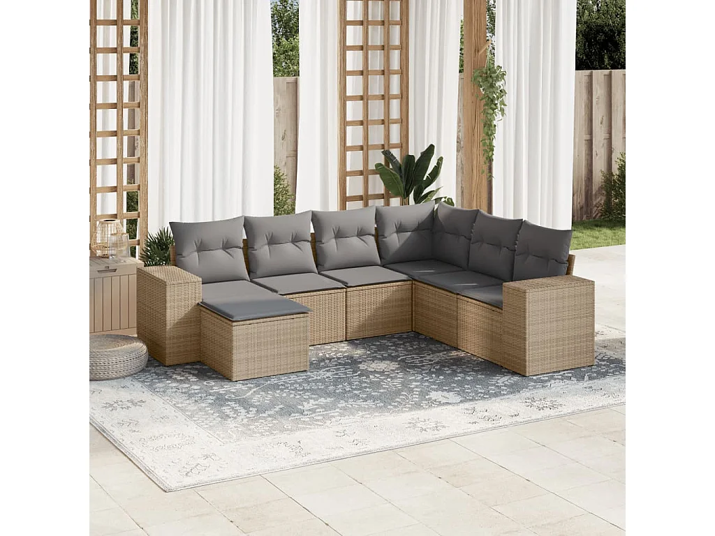 7 peças conjunto de sofás p/ jardim com almofadões vime PE bege