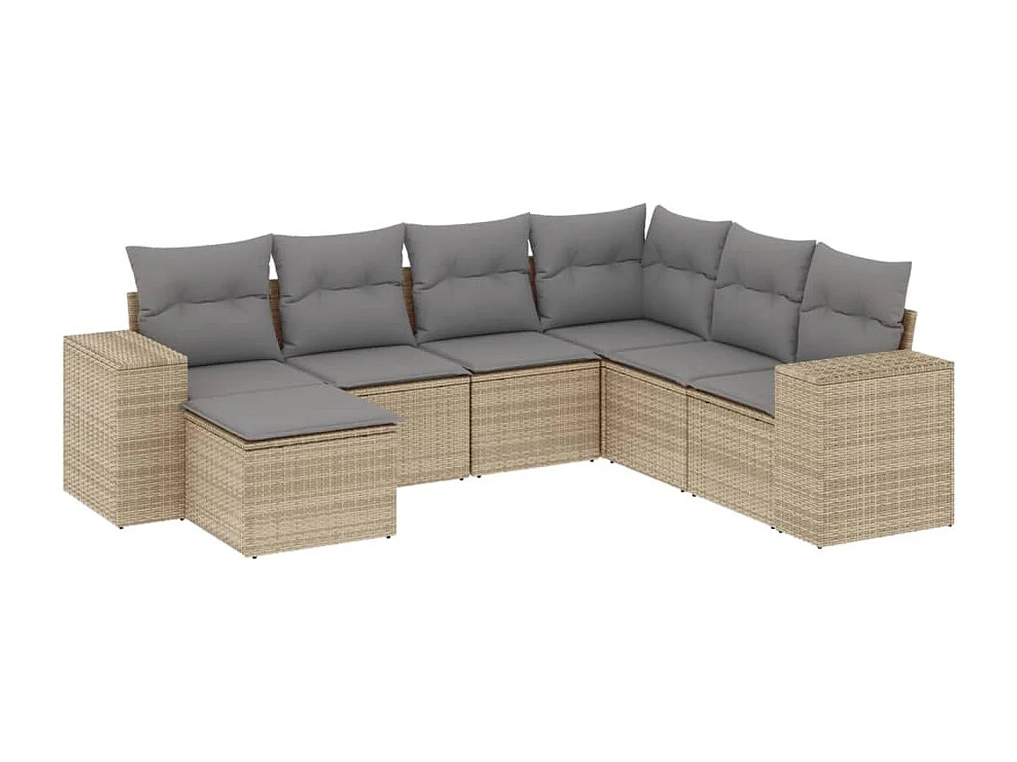 7 peças conjunto de sofás p/ jardim com almofadões vime PE bege