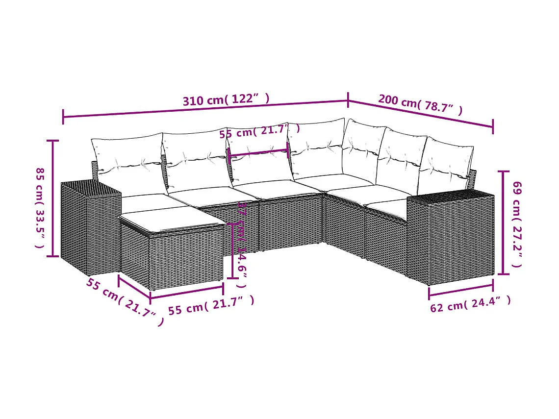 7 peças conjunto de sofás p/ jardim com almofadões vime PE bege
