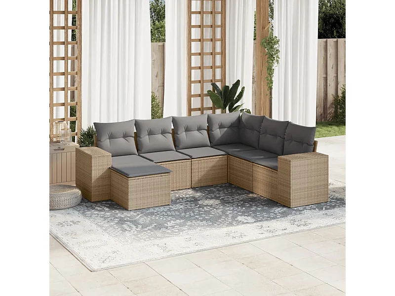 7 peças conjunto de sofás p/ jardim com almofadões vime PE bege