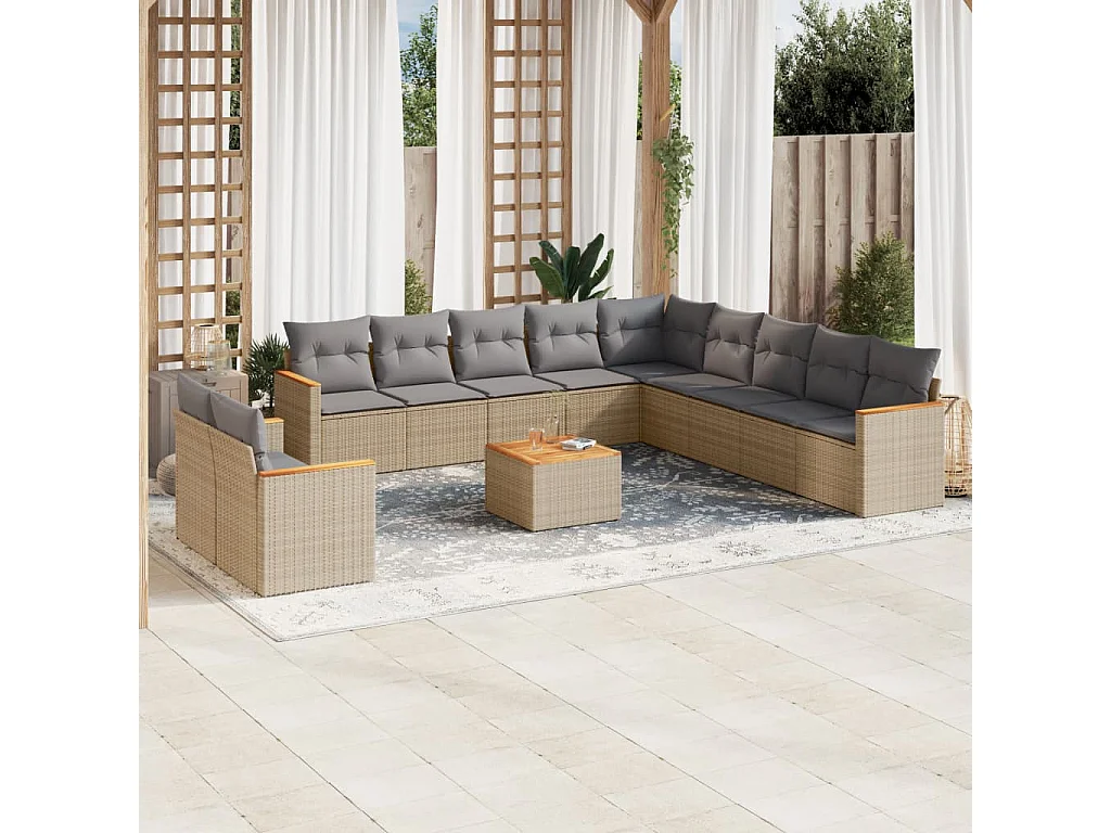 12-delige Loungeset met kussens poly rattan beige