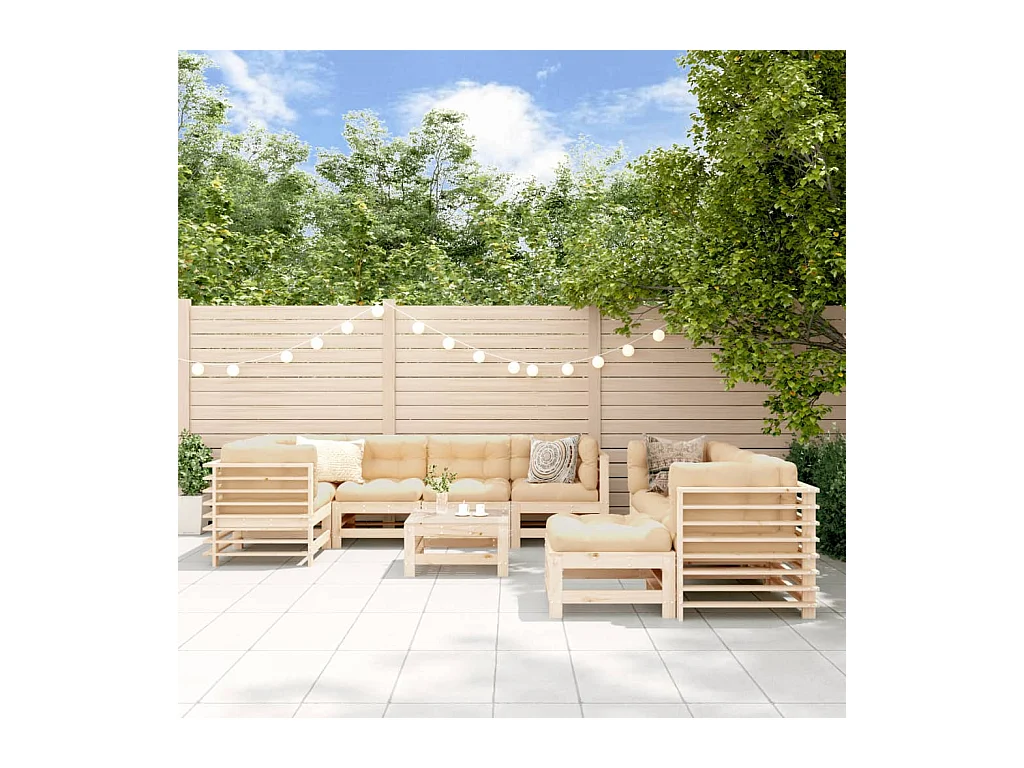 Salon de jardin 10 pièces avec coussins bois massif