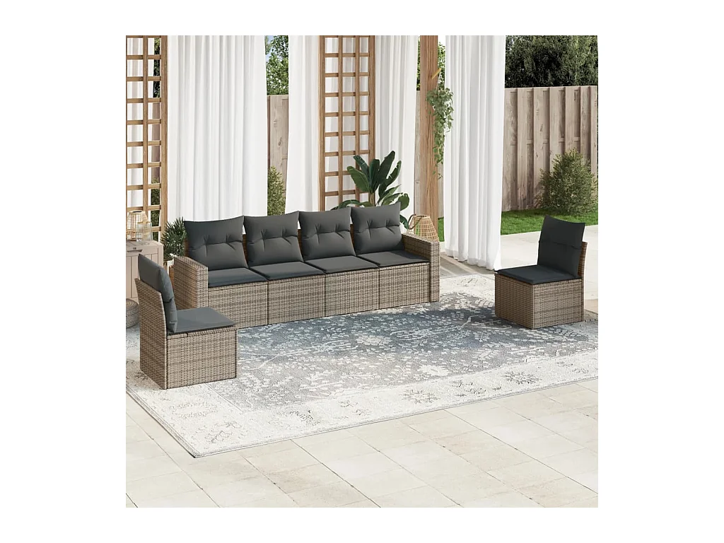 Salon de jardin 6 pièces avec coussins gris résine tressée