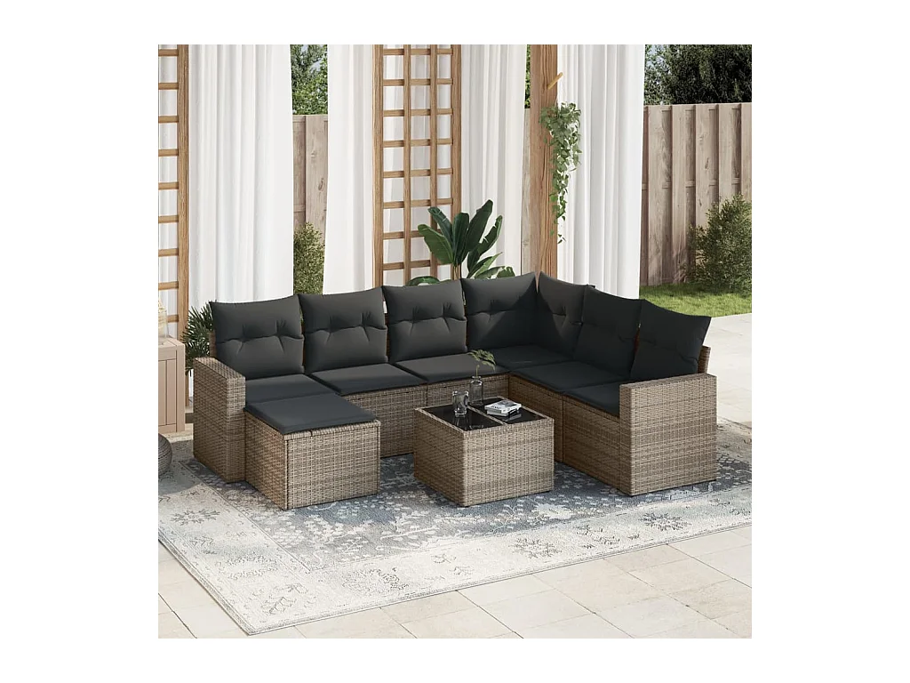 8-delige Loungeset met kussens poly rattan grijs