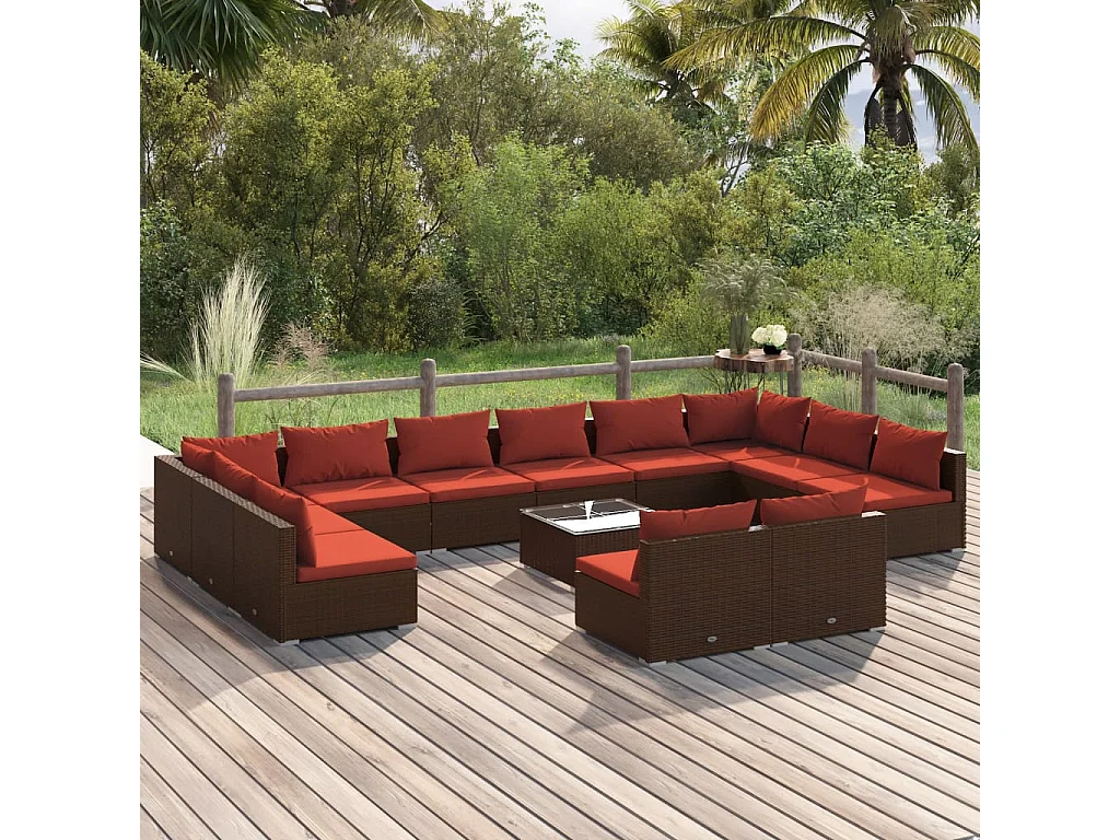 Salon de jardin 13 pièces avec coussins Marron Résine tressée