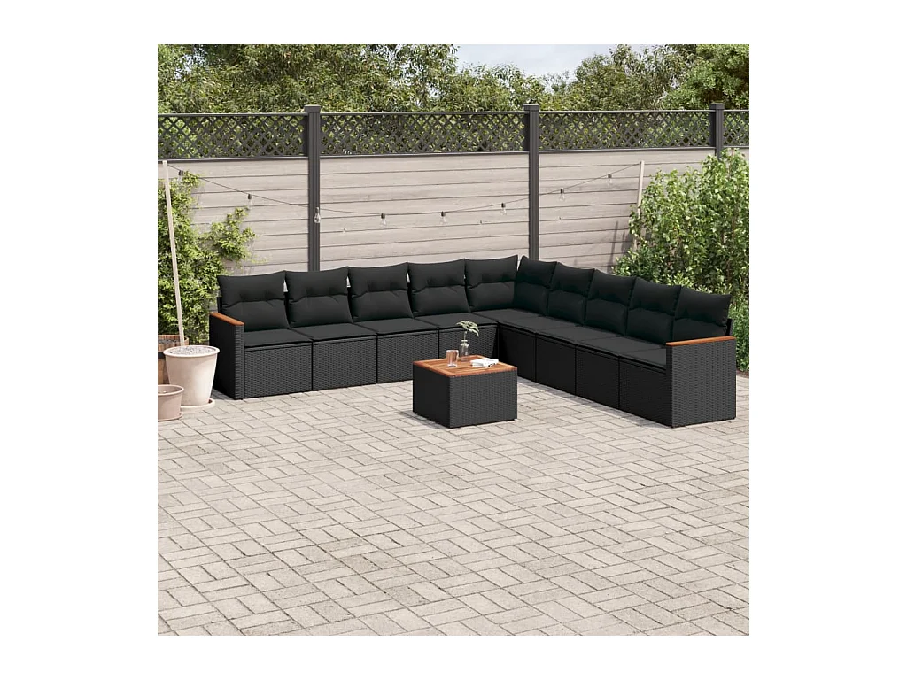 Salon de jardin 10 pièces avec coussins noir résine tressée