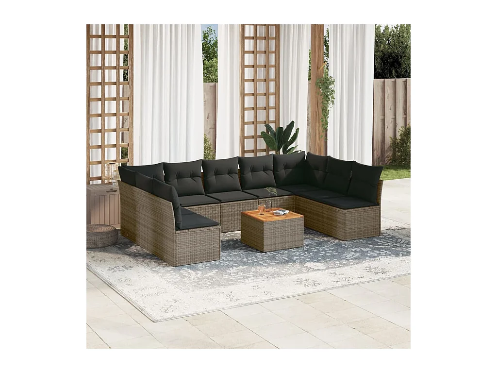 Salon de jardin avec coussins 10 pièces gris résine tressée