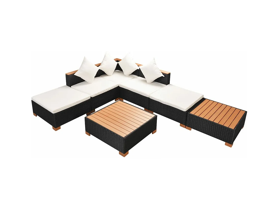 Salon de jardin 7 pièces avec coussins Résine tressée Noir