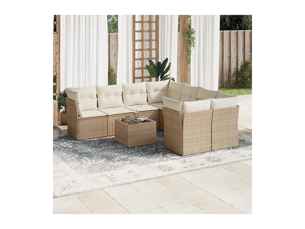 Set de sofás de jardín 9 piezas con cojines ratán sintético beige