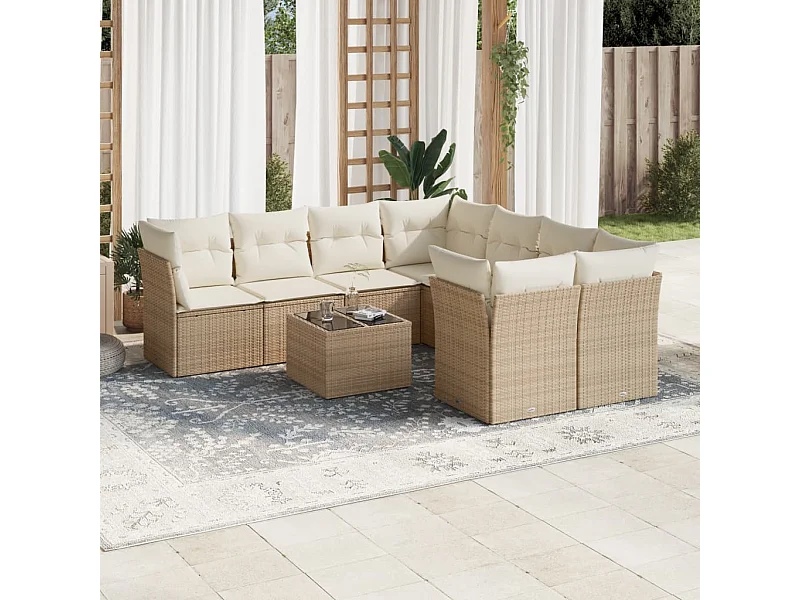 Salon de jardin avec coussins 9 pièces beige résine tressée