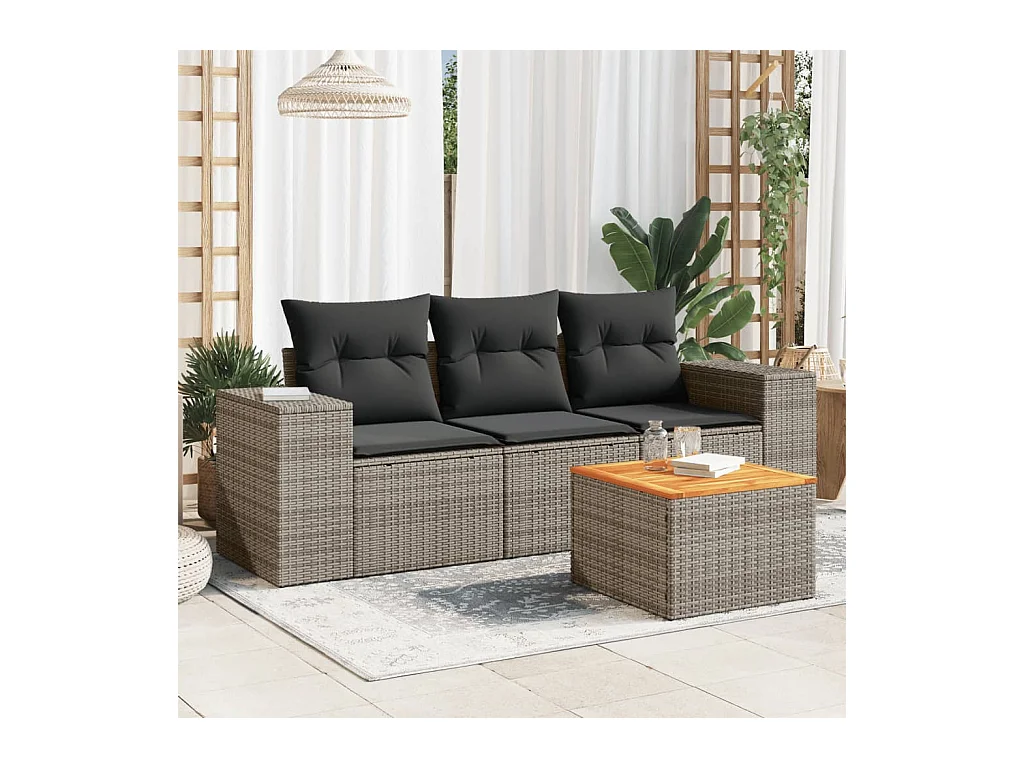 Salon de jardin 4 pièces avec coussins gris résine tressée