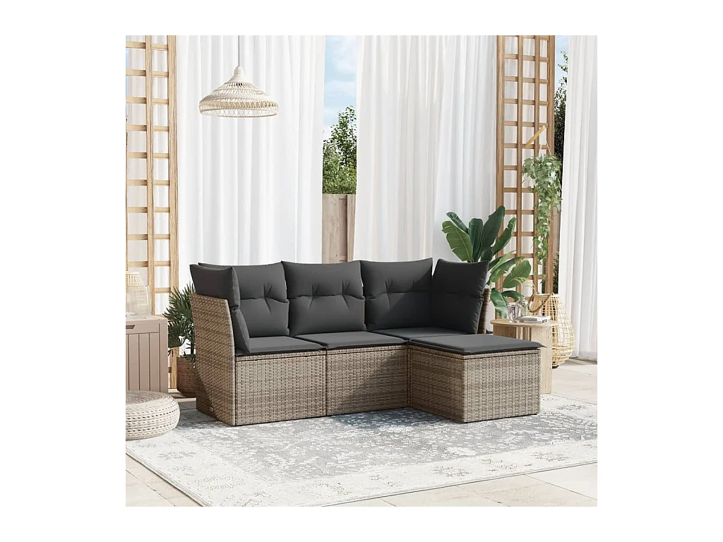Set de sofás de jardín 4 piezas y cojines ratán sintético gris
