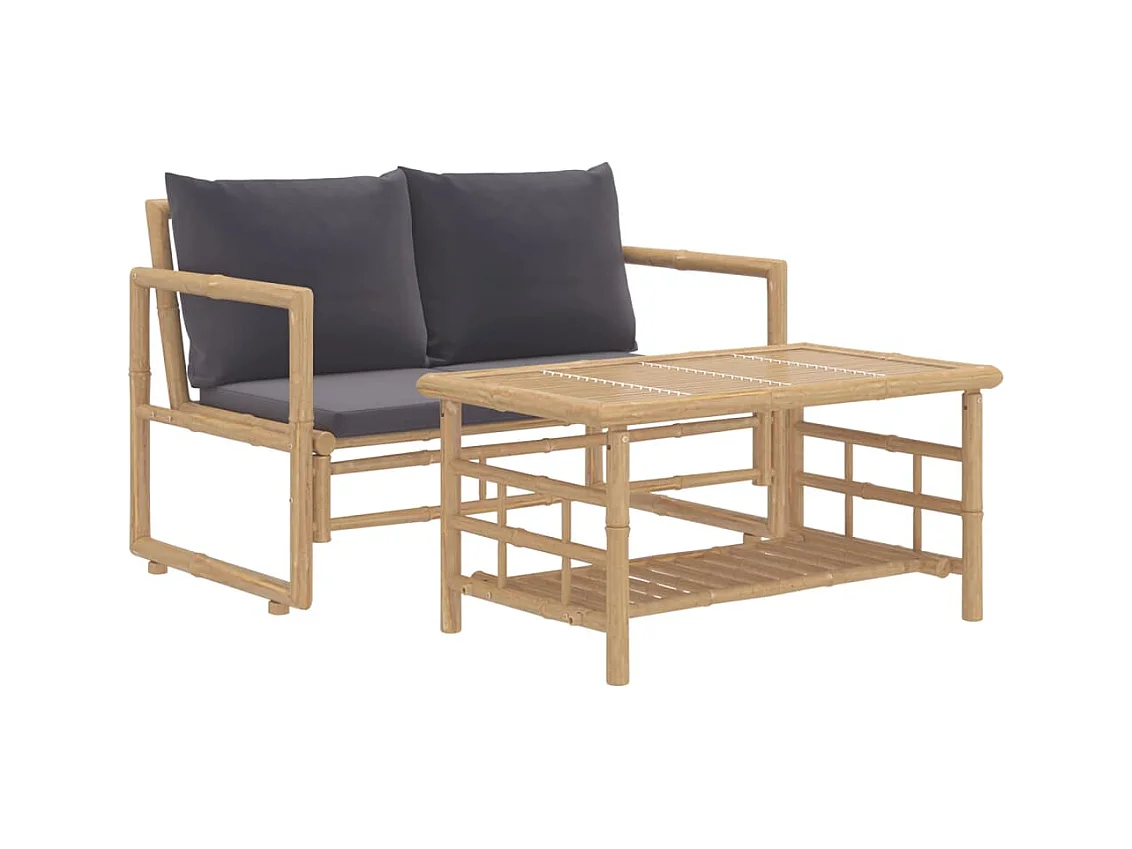 Salon de jardin 2 pièces avec coussins gris foncé bambou