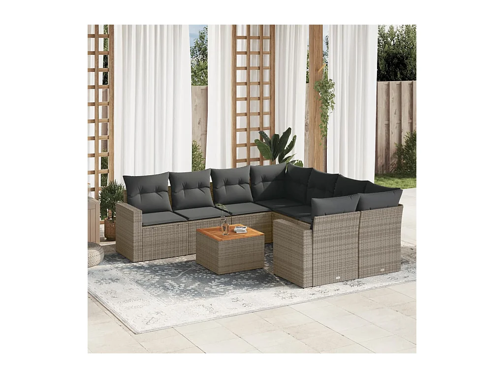 Salon de jardin 9 pièces avec coussins gris résine tressée