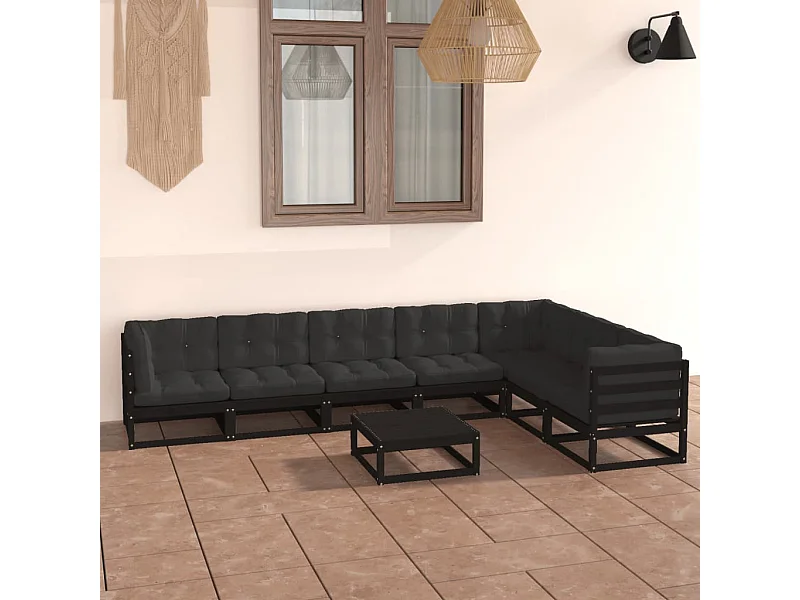 Set de muebles de jardín 8 piezas con cojines madera pino negro