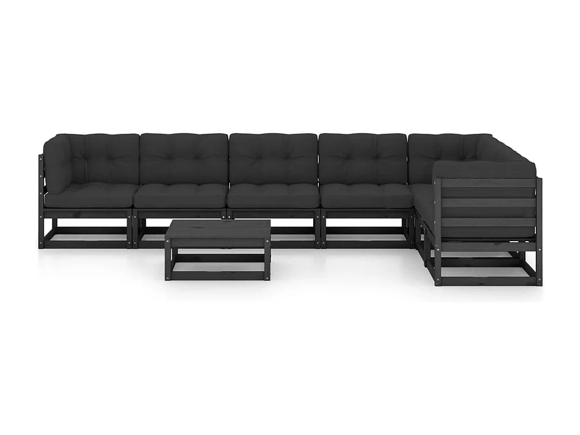 Salon de jardin 8 pièces avec coussins Noir Bois de pin massif
