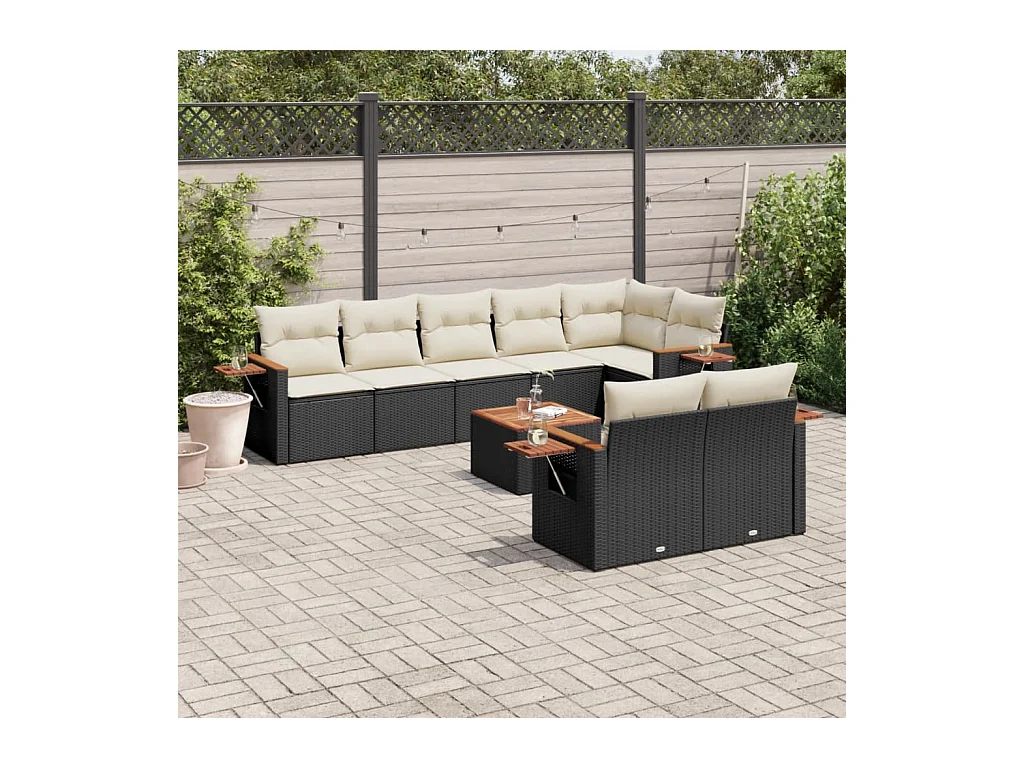 9 peças conjunto de sofás p/ jardim c/ almofadões vime PE preto