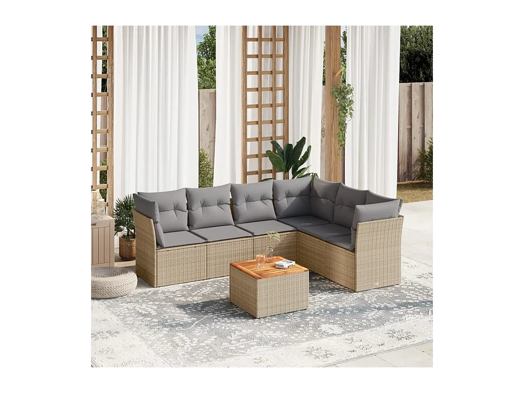 Salon de jardin avec coussins 7 pièces beige résine tressée