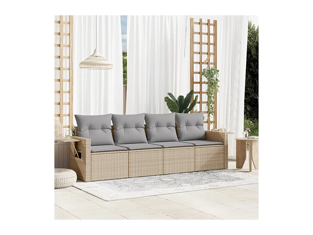 Salon de jardin avec coussins 4 pièces beige résine tressée