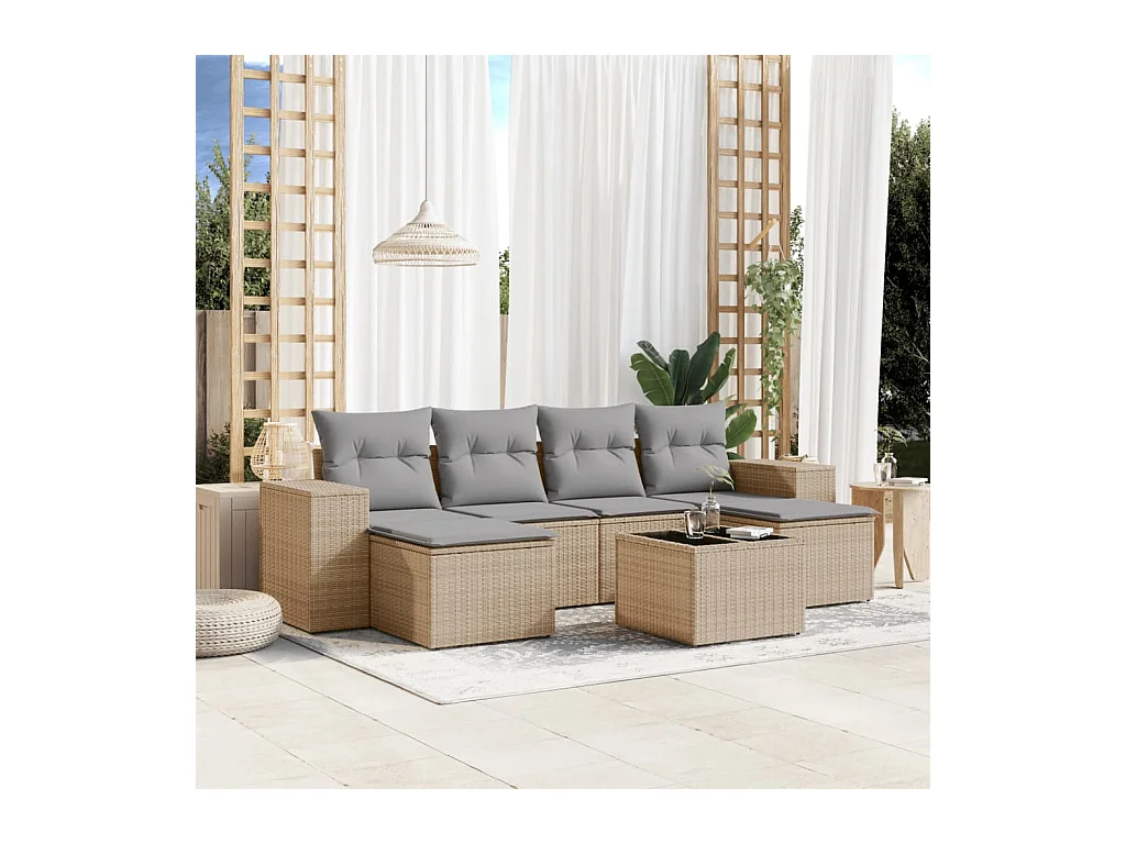 Salon de jardin avec coussins 7 pièces beige résine tressée