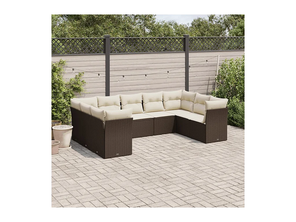 Set de sofás de jardín 9 piezas y cojines ratán sintético marrón