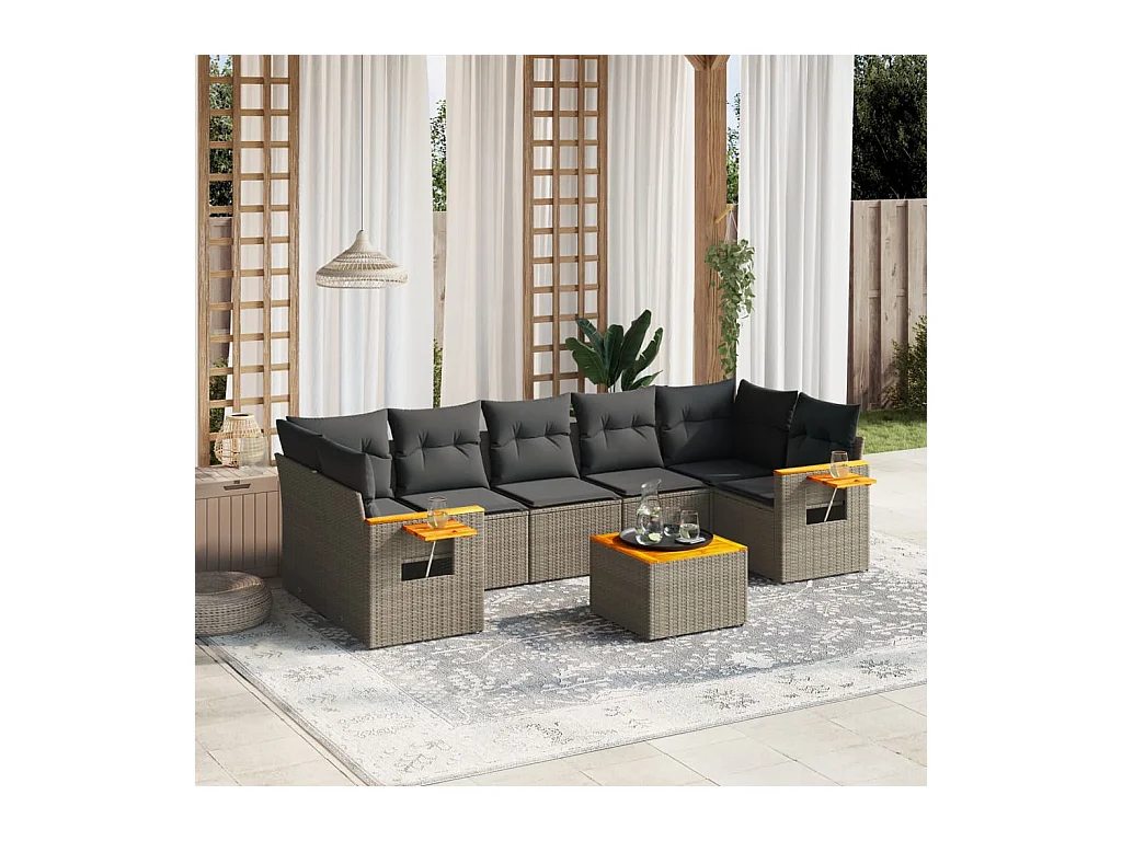 Salon de jardin 8 pièces avec coussins gris résine tressée