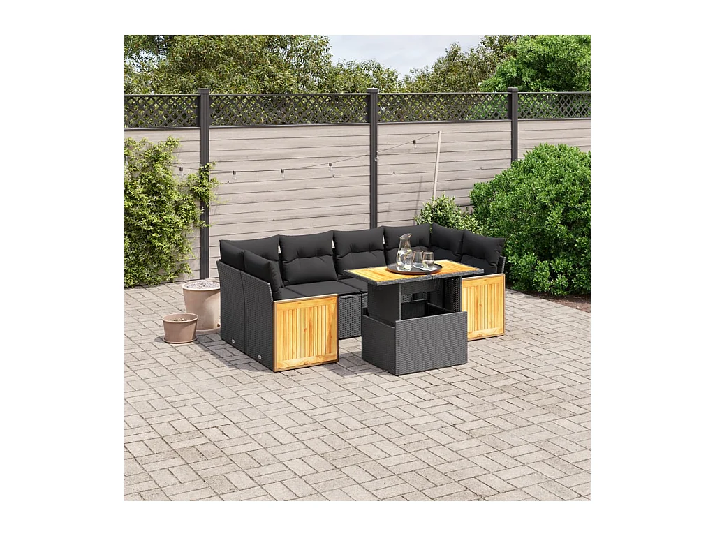 7-delige Loungeset met kussens poly rattan zwart