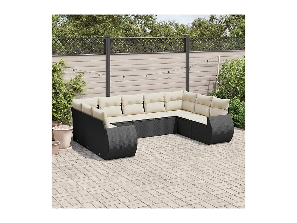 9-delige Loungeset met kussens poly rattan zwart