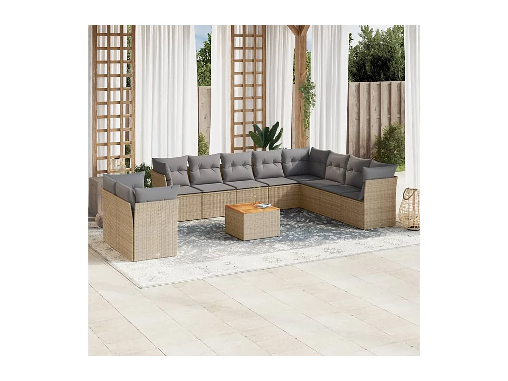 Salon de jardin et coussins 11 pièces mélange beige résine tressée