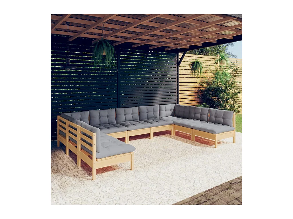 Salon de jardin 9 pièces avec coussins gris bois de pin solide