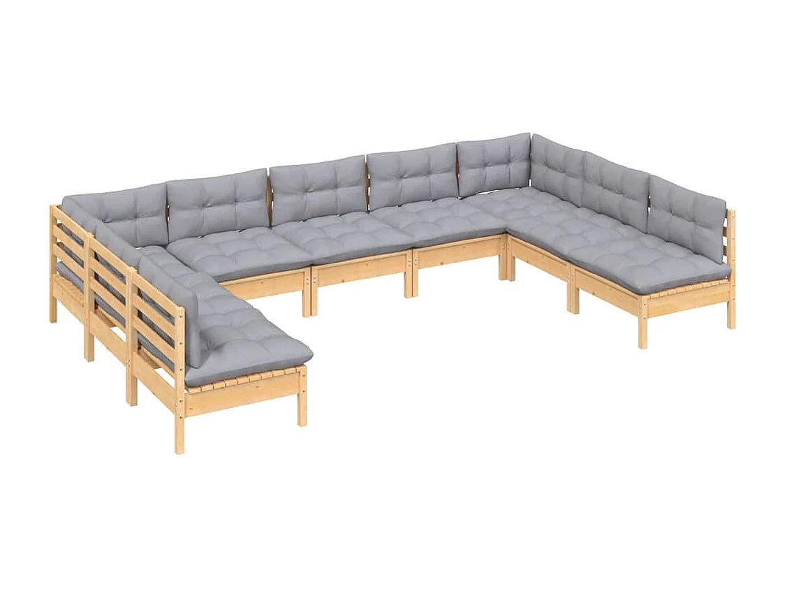 Salon de jardin 9 pièces avec coussins gris bois de pin solide