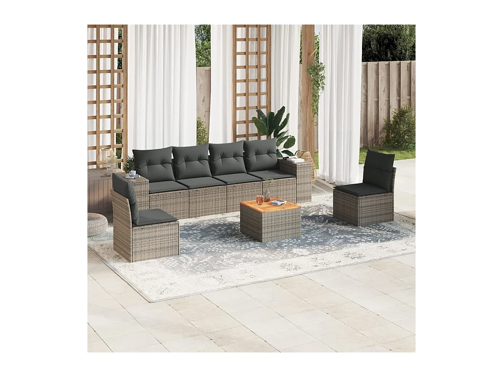 Salon de jardin avec coussins 7 pièces gris résine tressée