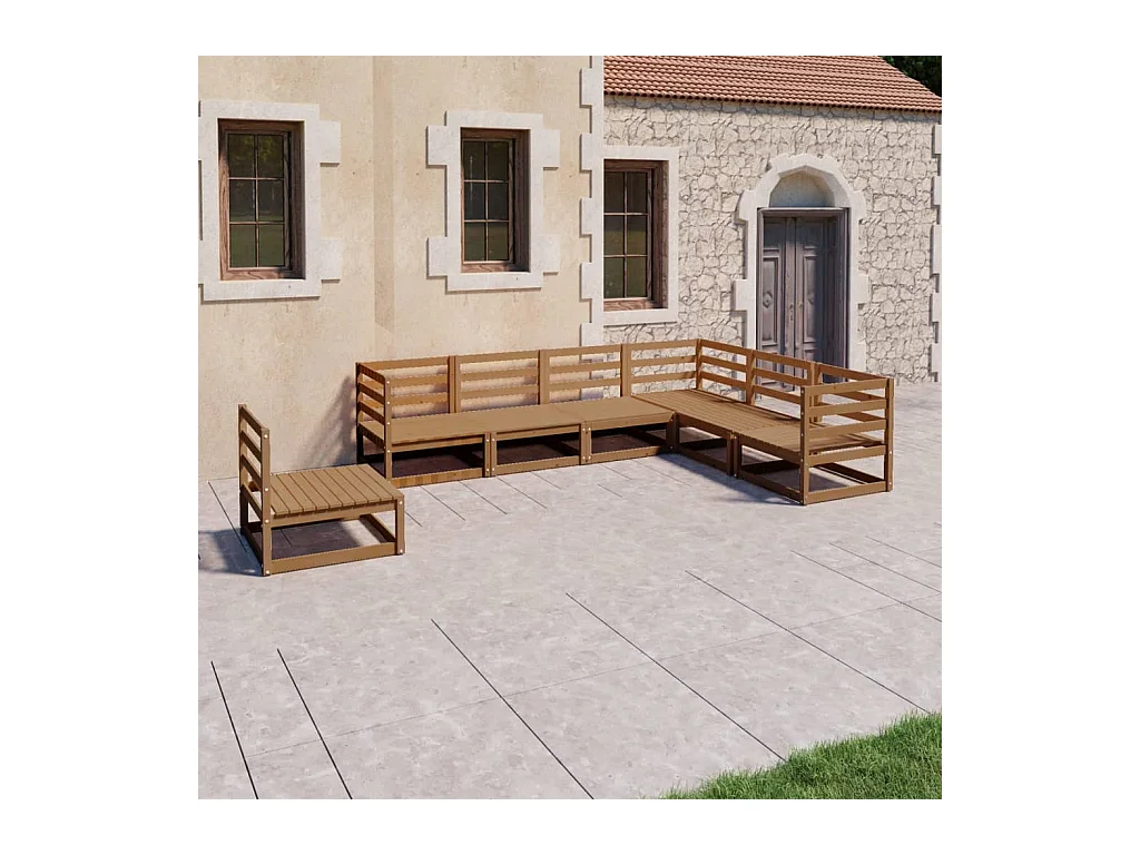 Salon de jardin 7 pièces marron miel bois de pin massif