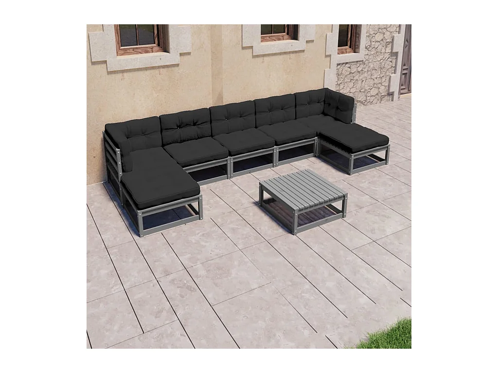 Salon de jardin 8 pièces avec coussins Gris Bois de pin massif