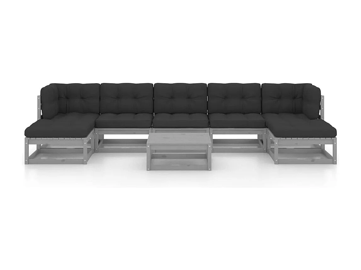 Salon de jardin 8 pièces avec coussins Gris Bois de pin massif