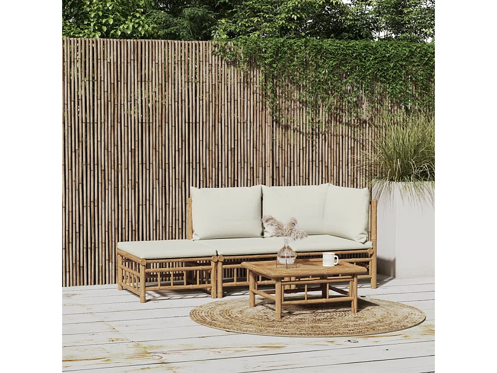 Salon de jardin 3 pièces avec coussins blanc crème bambou