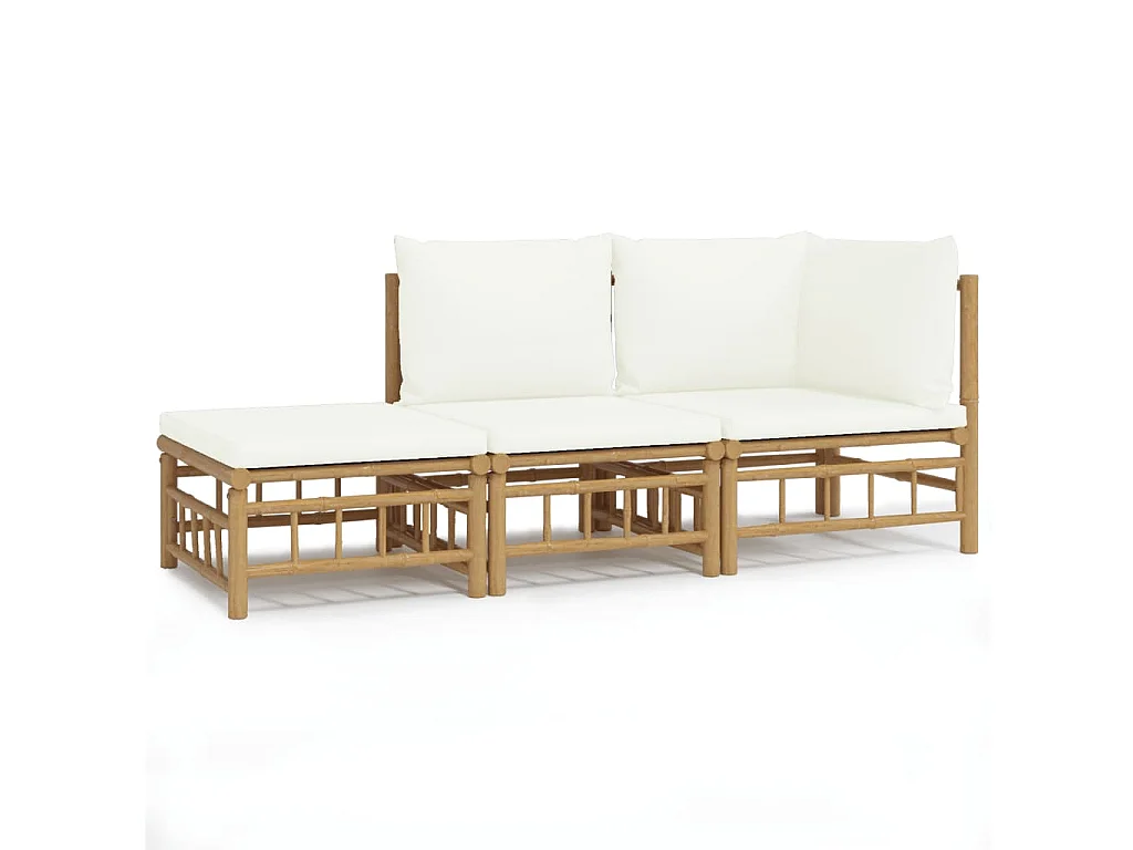 3 peças conjunto lounge de jardim bambu c/ almofadões branco nata