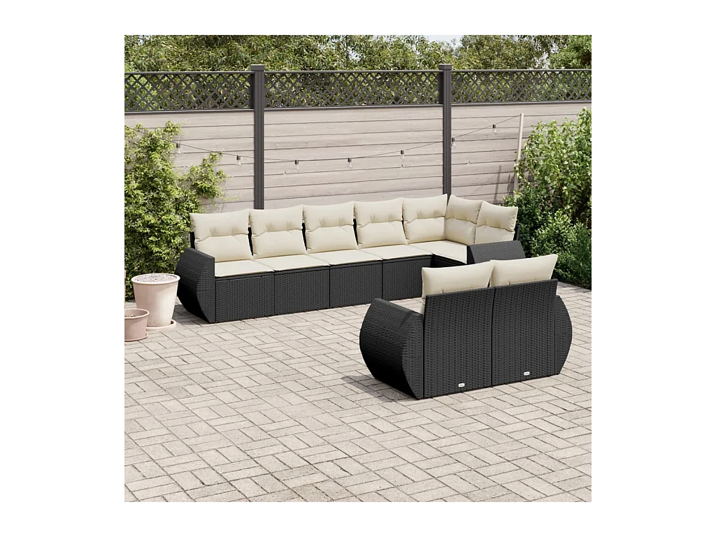 Salon de jardin 8 pièces avec coussins noir résine tressée