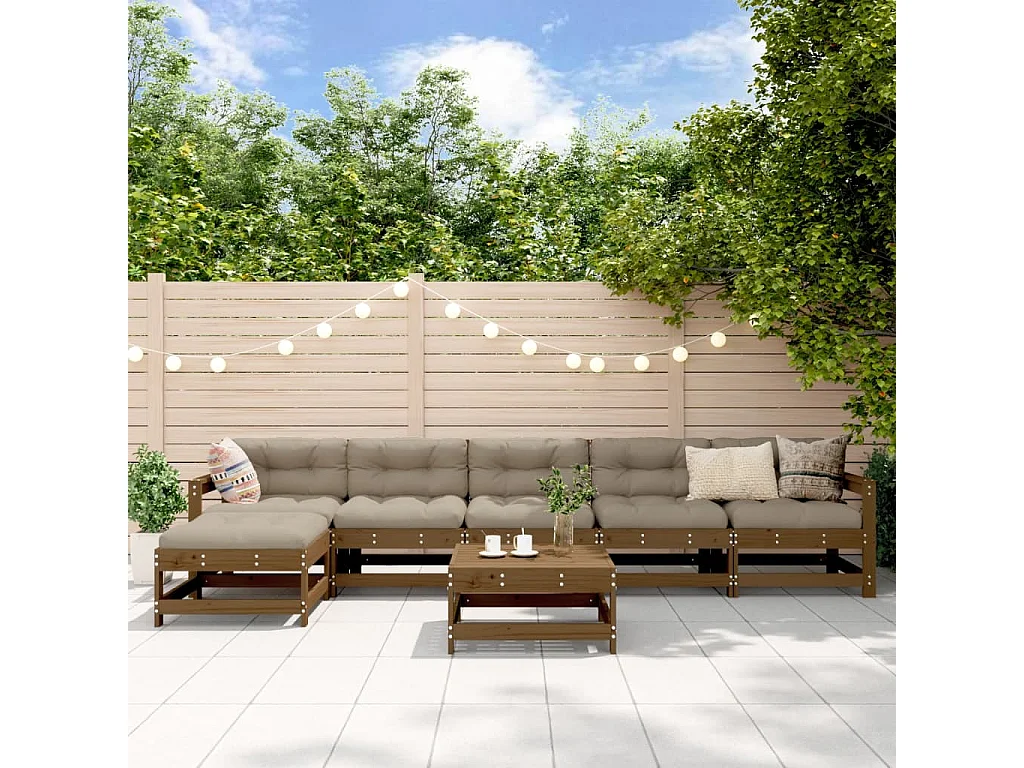 Salon de jardin 7 pièces avec coussins marron miel bois massif