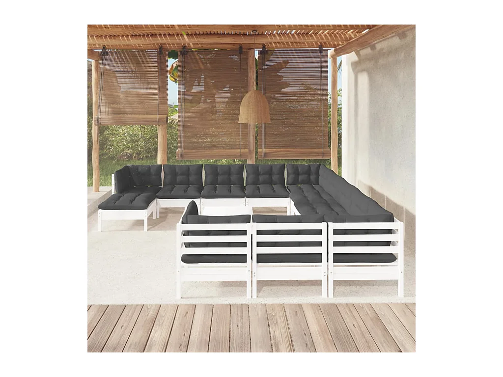 Salon de jardin 13 pièces avec coussins blanc bois de pin