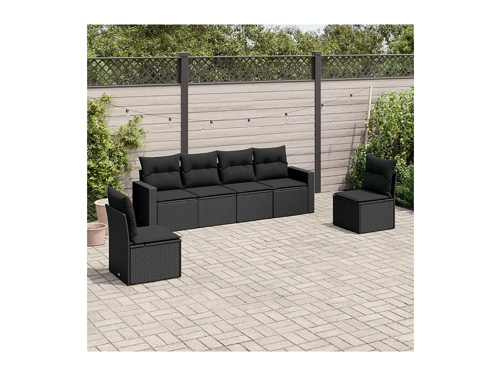 6 peças conjunto sofás de jardim c/ almofadões vime PE preto