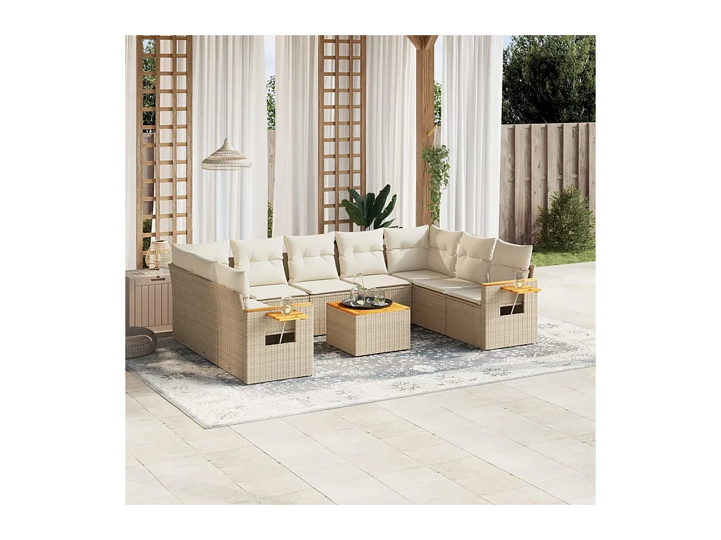 Salon de jardin avec coussins 10 pièces beige résine tressée