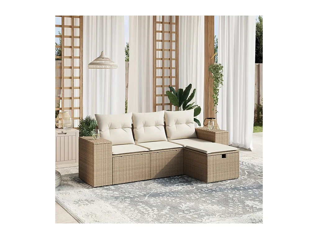 Salon de jardin avec coussins 4 pièces beige résine tressée