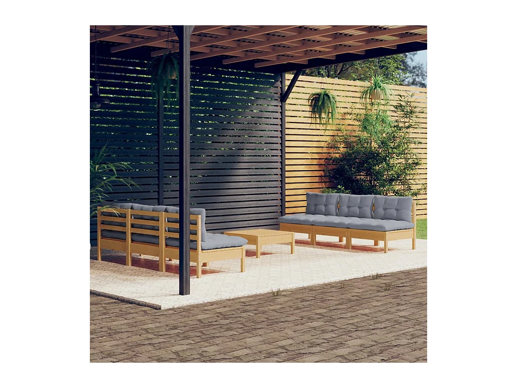 Salon de jardin 7 pièces avec coussins gris bois de pin