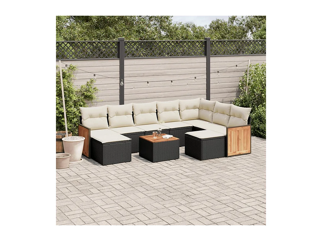 Salon de jardin 10 pièces avec coussins noir résine tressée