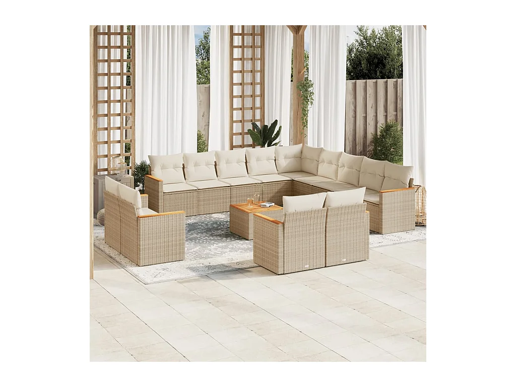 Salon de jardin avec coussins 14 pièces beige résine tressée