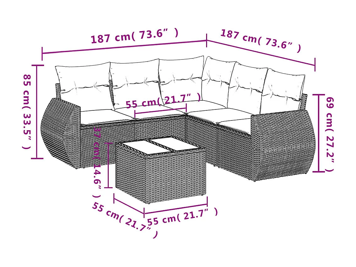 Salon de jardin 6 pièces avec coussins noir résine tressée