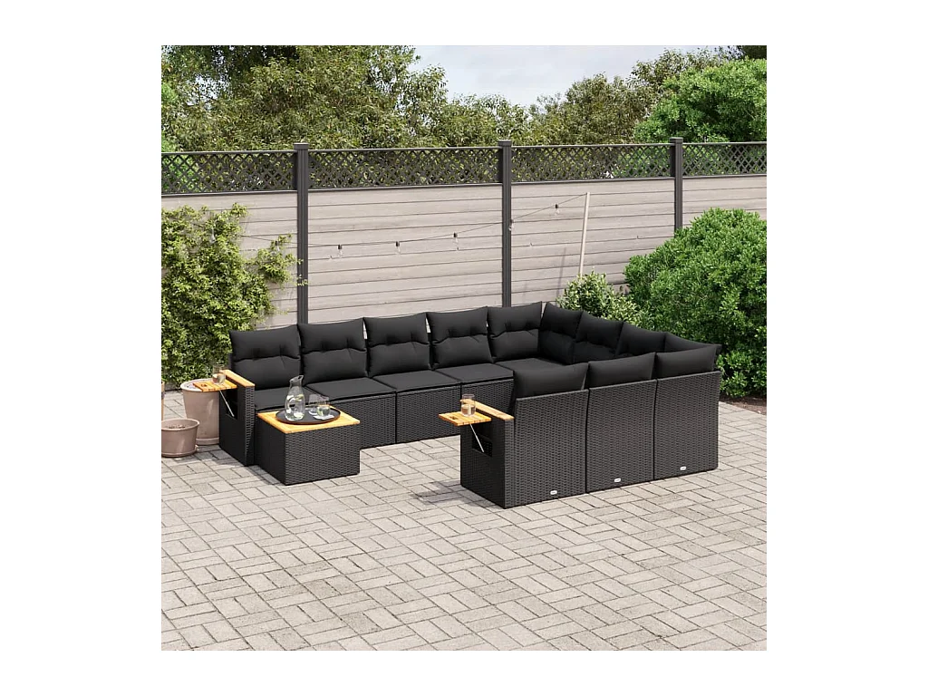 Salon de jardin 11 pièces avec coussins noir résine tressée