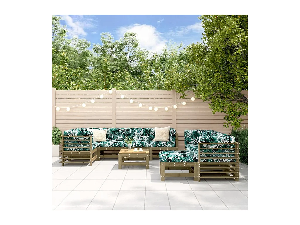 Salon de jardin 10 pièces avec coussins bois de pin imprégné