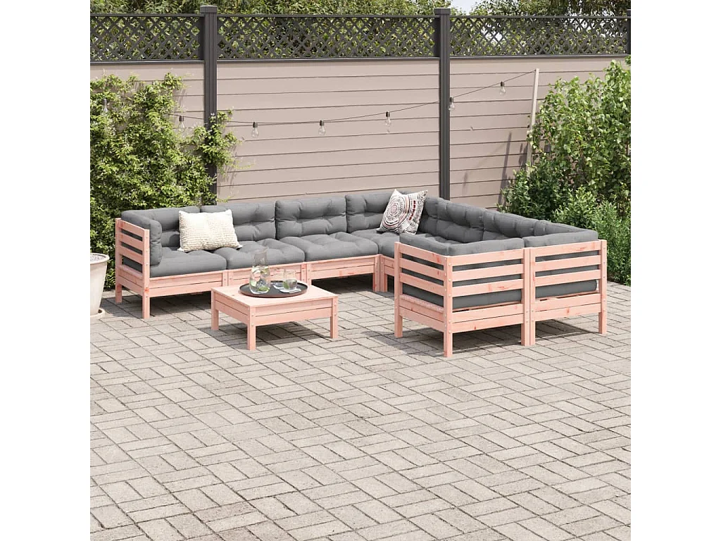 Salon de jardin 9 pièces avec coussins sapin de douglas solide